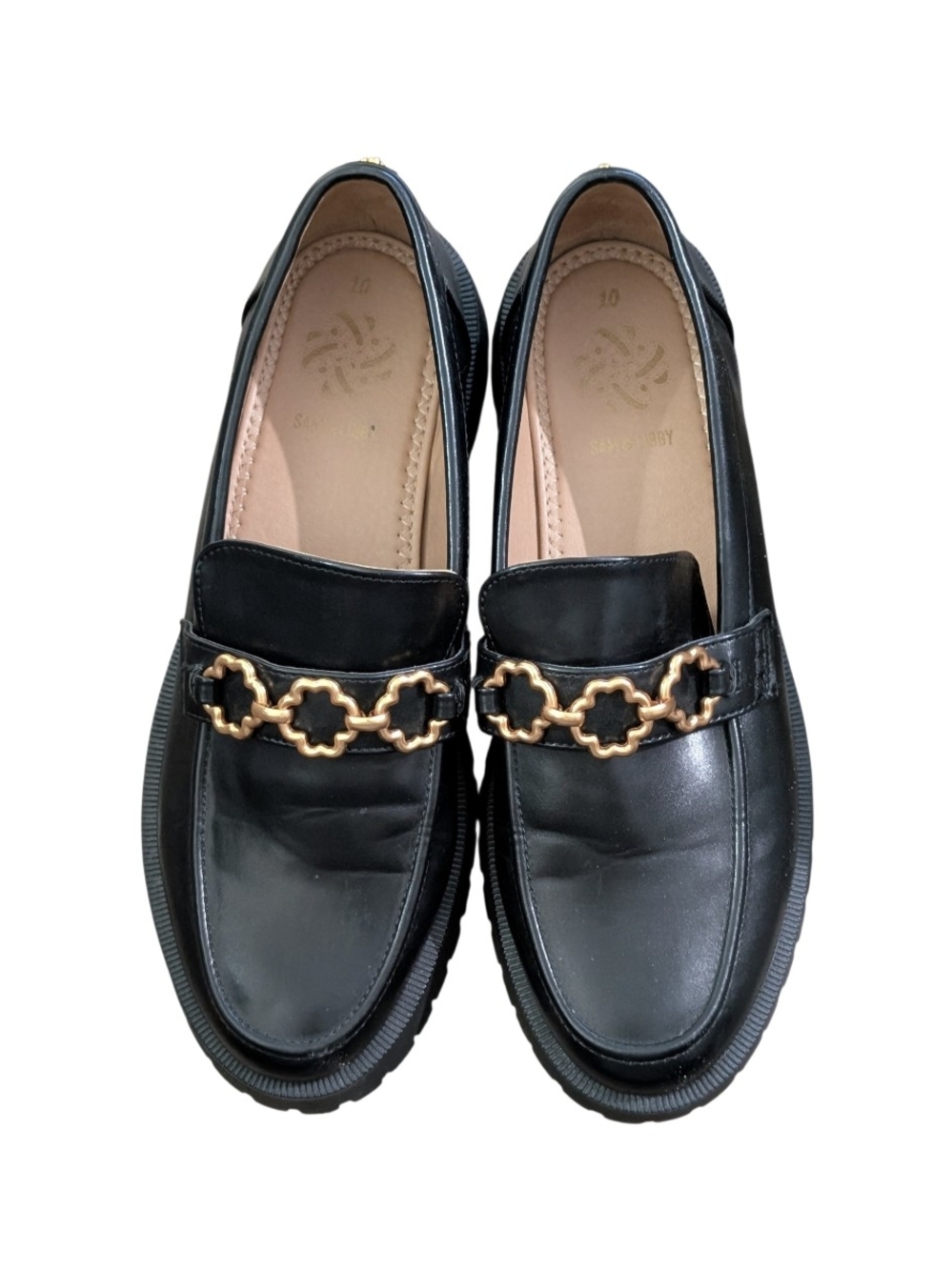 Sam & Libby Women's Remi Lug Black Leather Slip-On Loafers with Gold Chain 10